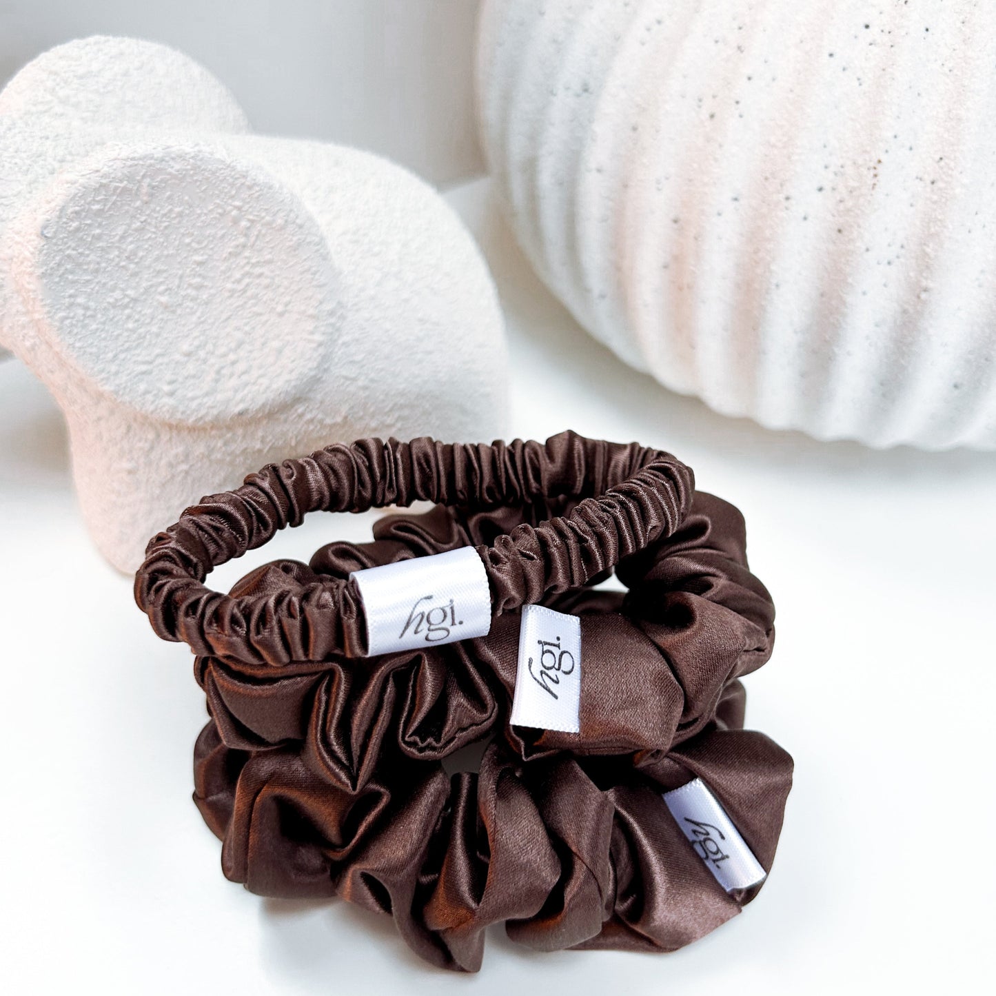 skinny midi and large chocolate brown silk scrunchies