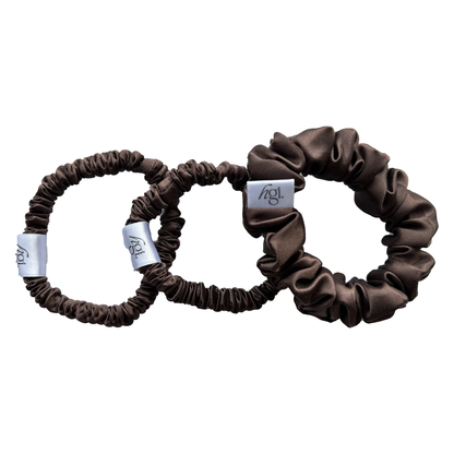 100% PURE MULBERRY SILK SCRUNCHIES 2 SKINNY 1 MIDI CHOCOLATE BROWN COLOR